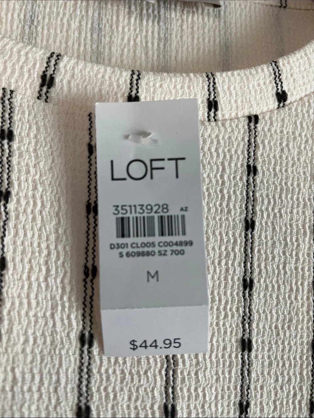 LOFT Ivory Top with Black Pinstripes and Puff Sleeves